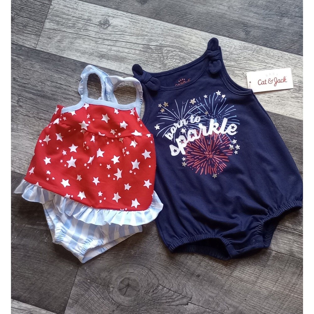 Cat & Jack Baby Girls Navy Blue Americana Romper & Red Outfit Set (3-6M) 2-Pack